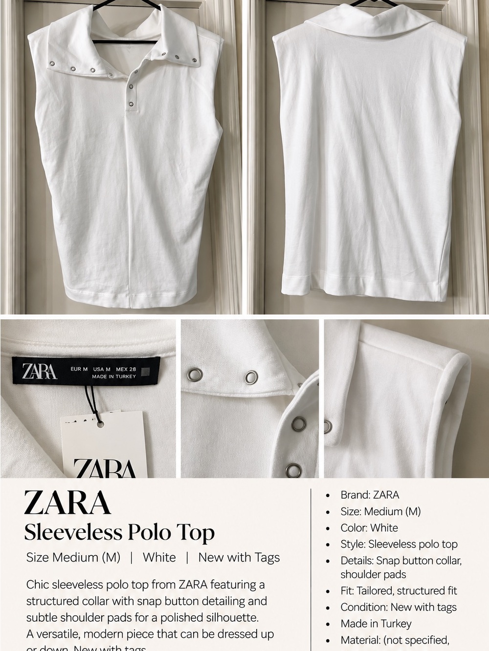 ZARA White Sleeveless Snap-Button Collar Tank